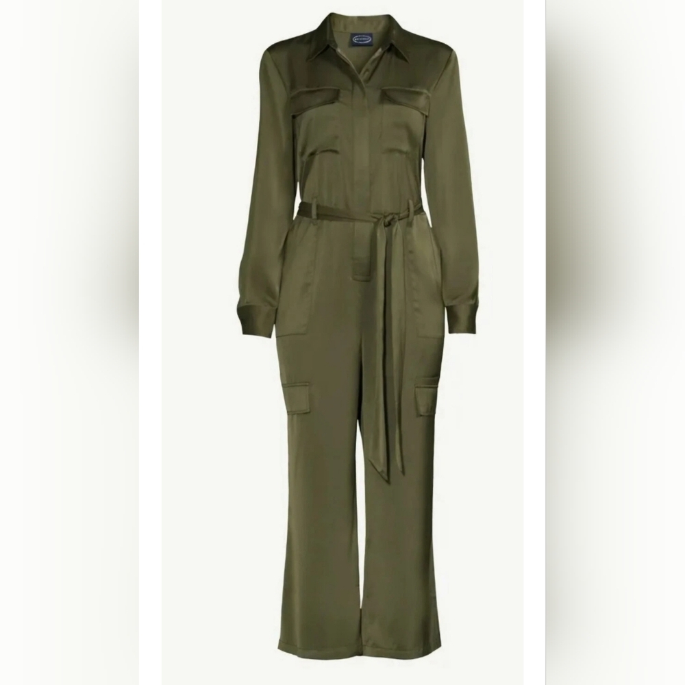 Scoop womens wide leg satin Jumpsuit cargo pockets Size M Olive Green